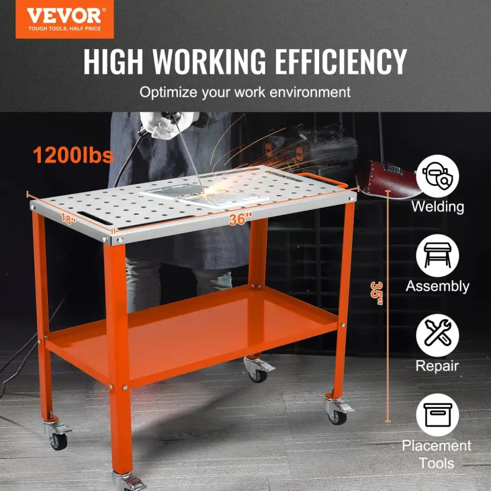 Welding Table, 1200lbs Load Capacity Steel Welding Workbench Table On Wheels, Portable Work Bench With Braking Lockable Casters, 4 Tool Slots