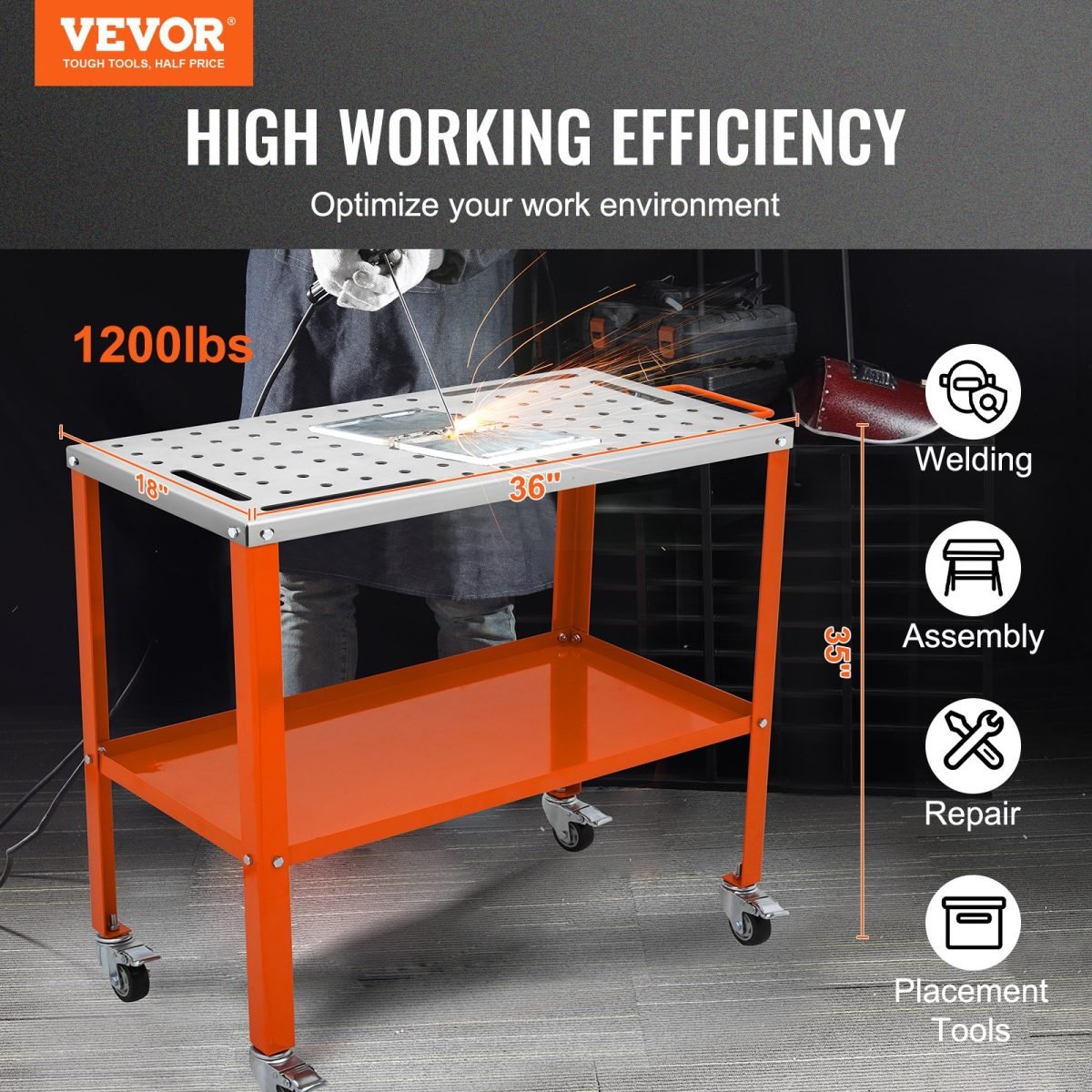 Welding Table, 1200lbs Load Capacity Steel Welding Workbench Table On Wheels, Portable Work Bench With Braking Lockable Casters, 4 Tool Slots