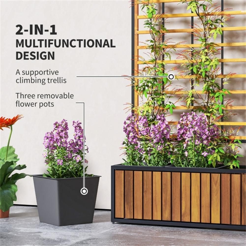 Wooden Raised Garden Bed With Trellis, Removable Pots For Backyard-Teak thumbnail 3