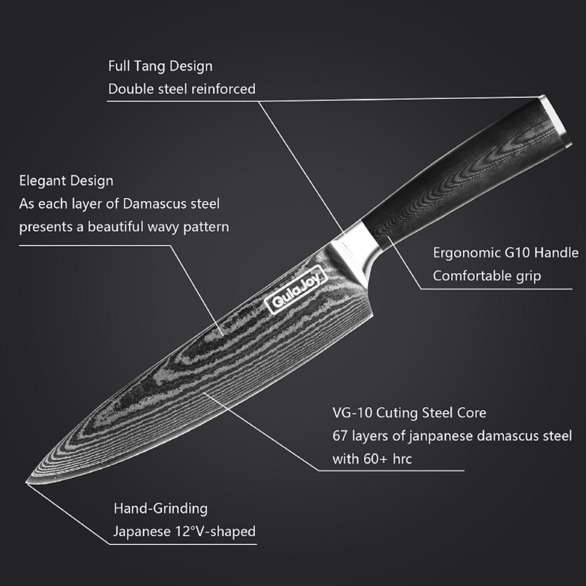 Qulajoy 8 Inch Chef Knife, Ultra Sharp Japanese Damascus VG-10 Blade,Professional Kitchen Knife With Ergonomic G10 Handle And Sheath thumbnail 3