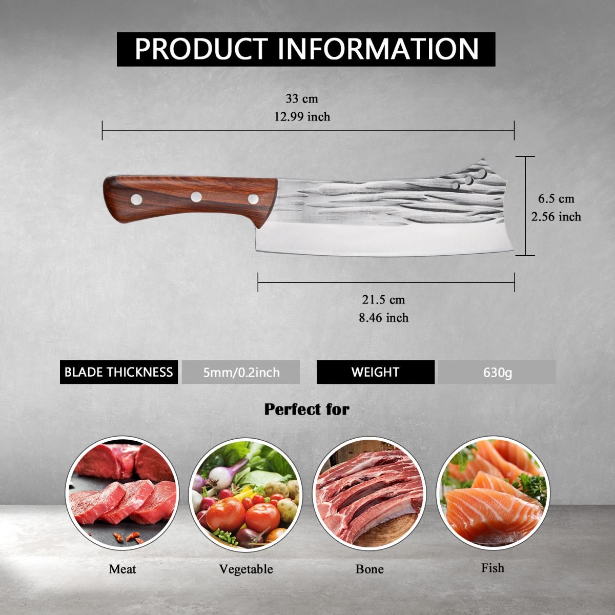 Kegani Meat Cleaver Knife - Heavy Duty Bone Chopper - 1.4 Lbs Butcher Knife Bone Knife - High Carbon Steel Butcher Knife For Meat Cutting, Bone Cutting thumbnail 3