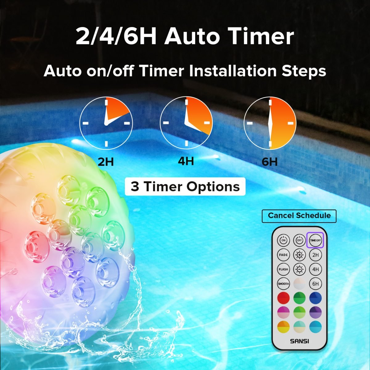 SANSI IP68 Waterproof RGB Pool Light, Summer Rechargeable 20Hrs Outdoor LED Lamp For Swimming Pool,Pond,Shower,Bath - 2pack thumbnail 4