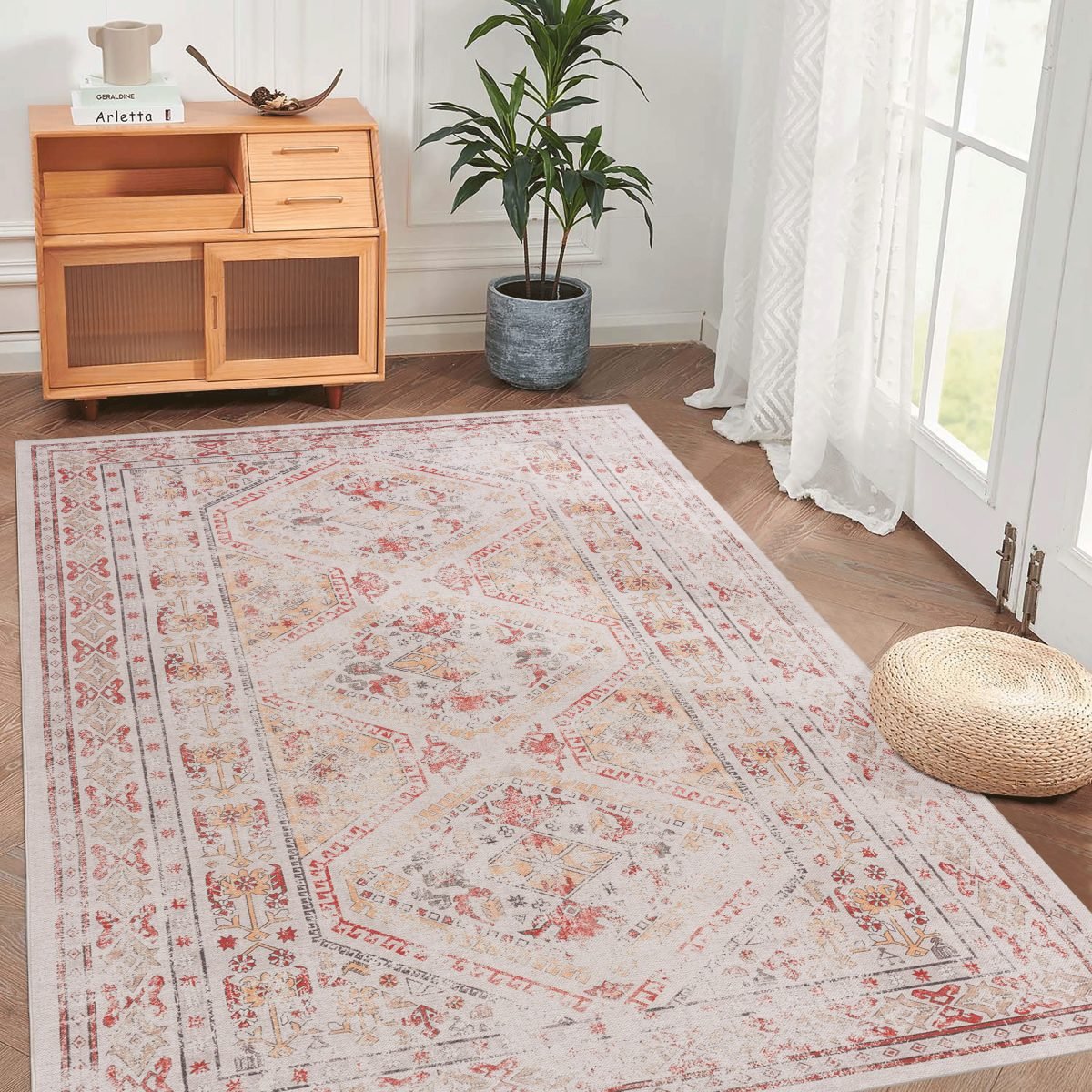 MAVAL Beige Washable Rug 6x9 Area Rug Beige, 6' X 9'
