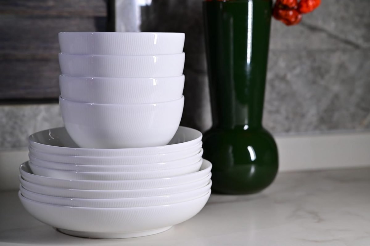 Setaria Bone China Dinnerware Set, 12 Pieces, Service For 4, Plates, Dishes, Bowls Set, Microwave And Dishwasher Safe, Ivory White With Narrow Curve Stripe thumbnail 3
