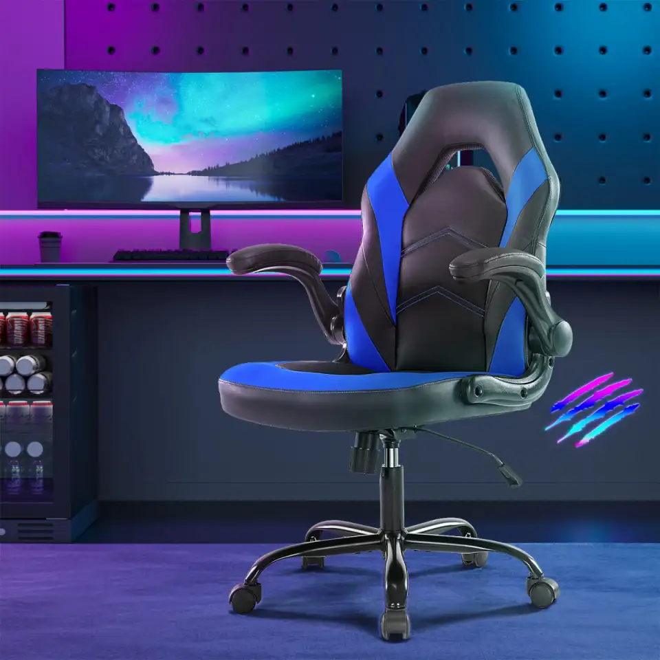PU Leather Ergonomic Office Chair Swivel Computer Gaming Chair With Lumbar Support - Blue