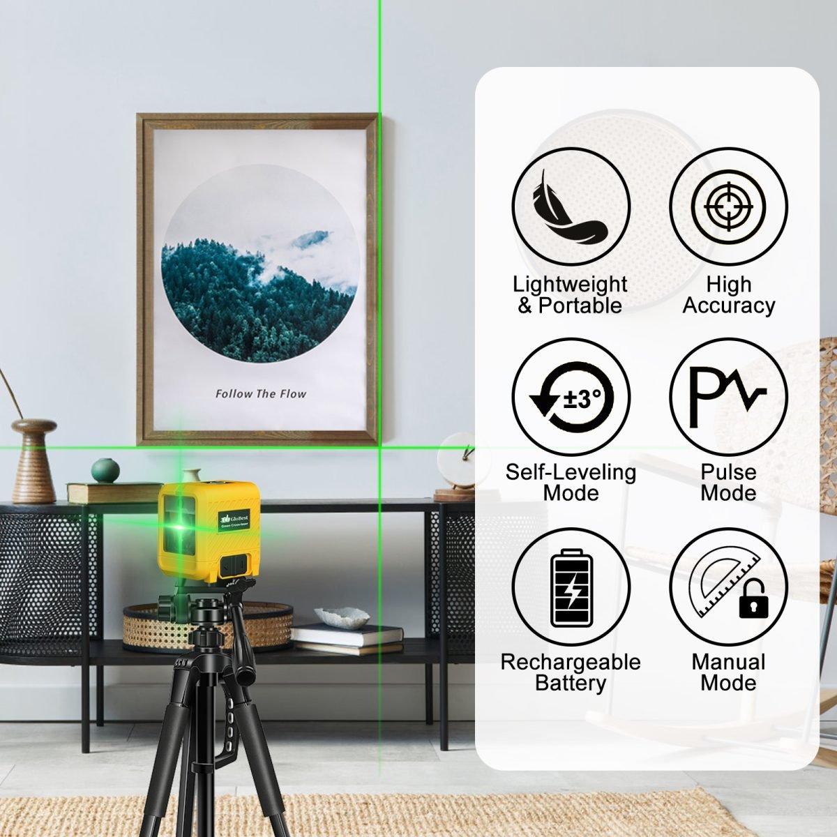 Laser Level, Rechargeable Lithium Battery Level Tool, Self-Leveling Green Cross Line Laser For Picture Hanging, Tiling, Home Renovation, Includes Folding Magnetic L-Bracket & Carry Pouch thumbnail 2