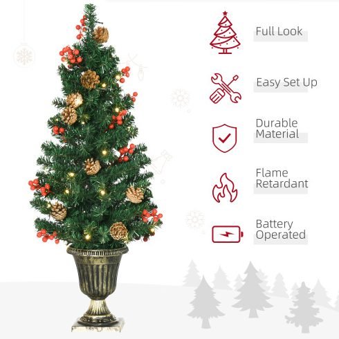 HOMCOM Prelit Holiday Christmas 4-Piece Set, Garland Wreath And Set Of 2 Entrance Trees With Warm White LED Lights, Red Berries, Pine Cones, Green thumbnail 4
