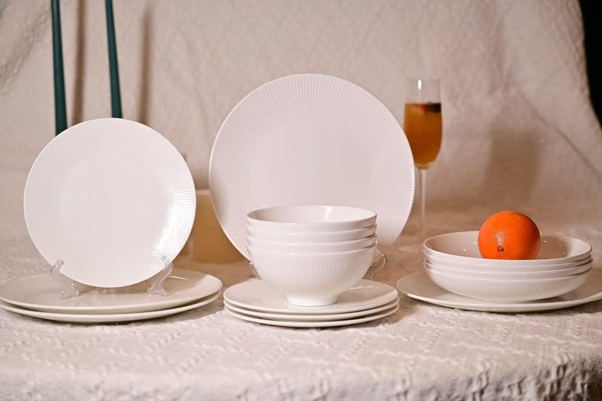 Dandilion Bone China Dinnerware Set, 16 Pieces, Service For 4, Plates, Dishes, Bowls Set, Microwave And Dishwasher Safe, Ivory White With Radial Lines thumbnail 2