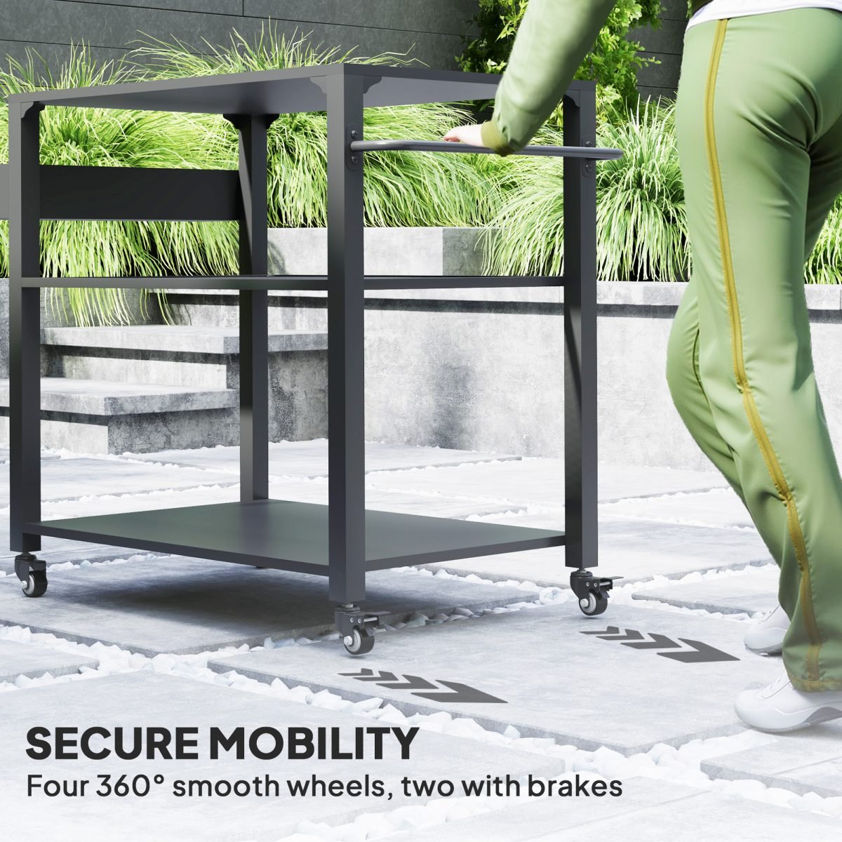 3-Tier Outdoor Grill Cart With Storage Racks, Side Handle, Movable Pizza Oven Table On Wheels thumbnail 3