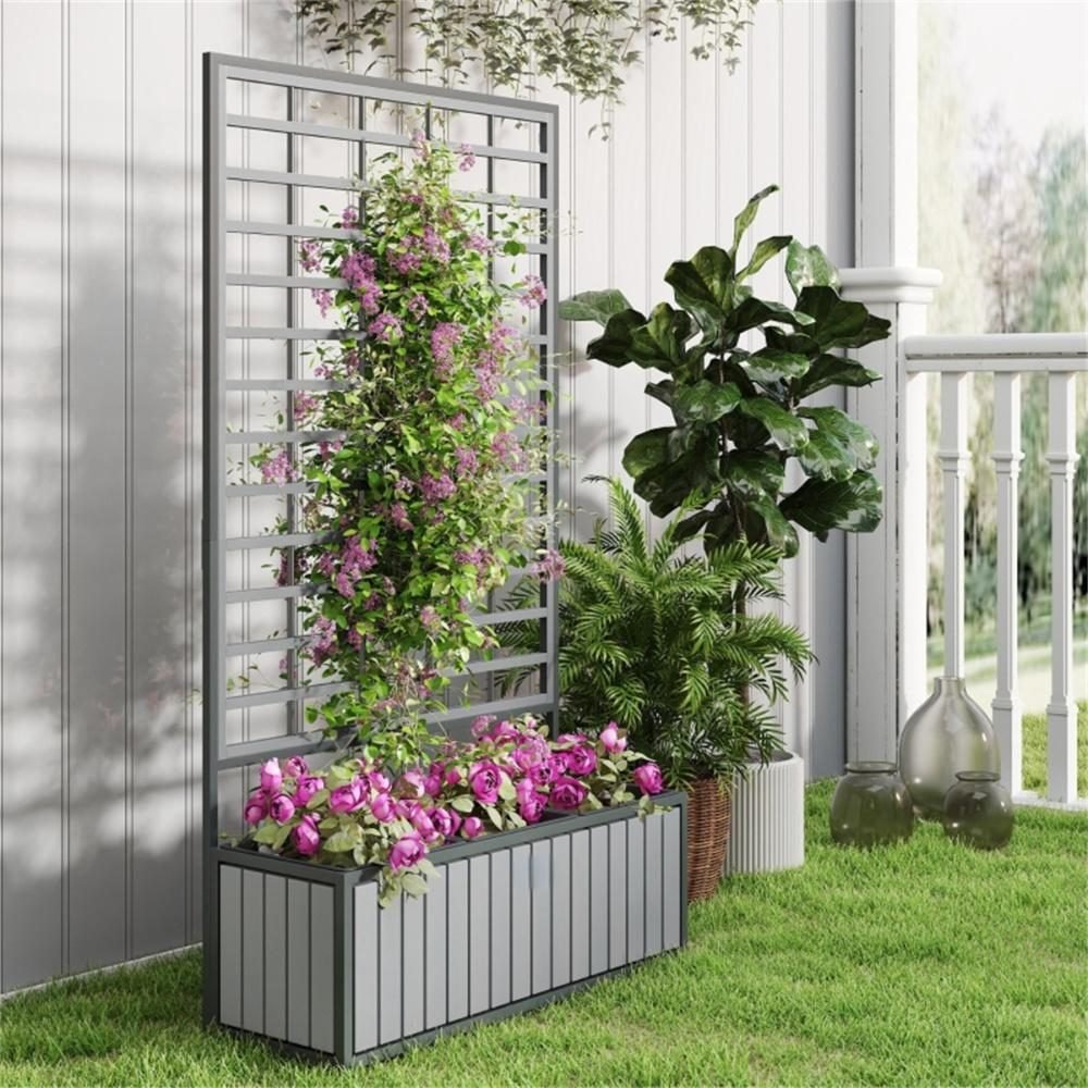 Wooden Raised Garden Bed With Trellis, Removable Pots-Gray thumbnail 3