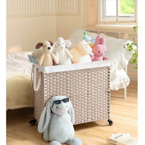 Laundry Hamper With Lid PE Rattan Powder Coating Frame Clothes Hampers With 02 Removable Bags, Wheels, 160L, Gray Color thumbnail 4