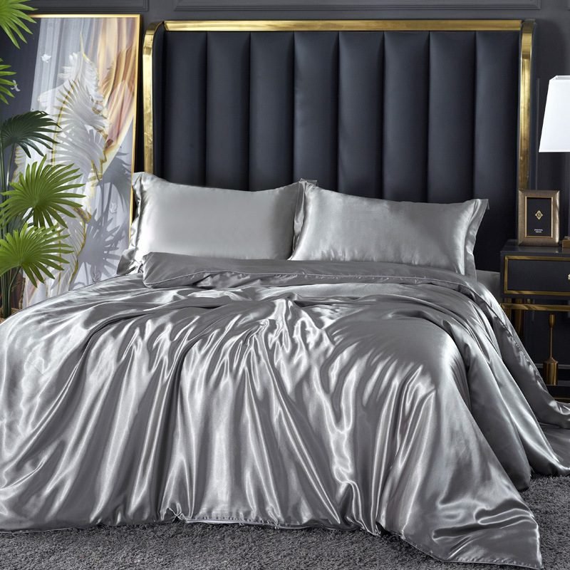 Artificial Silk Double-sided Silk Satin Quilt Cover Bed Sheet Four-piece Set - Jazz Gray-1.2m flat sheet three set thumbnail 3