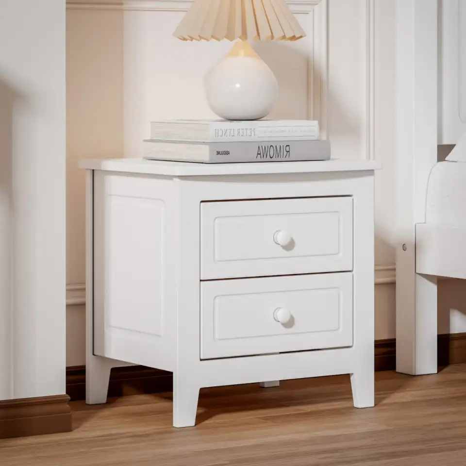 2-Drawer Nightstand For Bedroom, Mid Century Retro Bedside Table With Classic Design,White