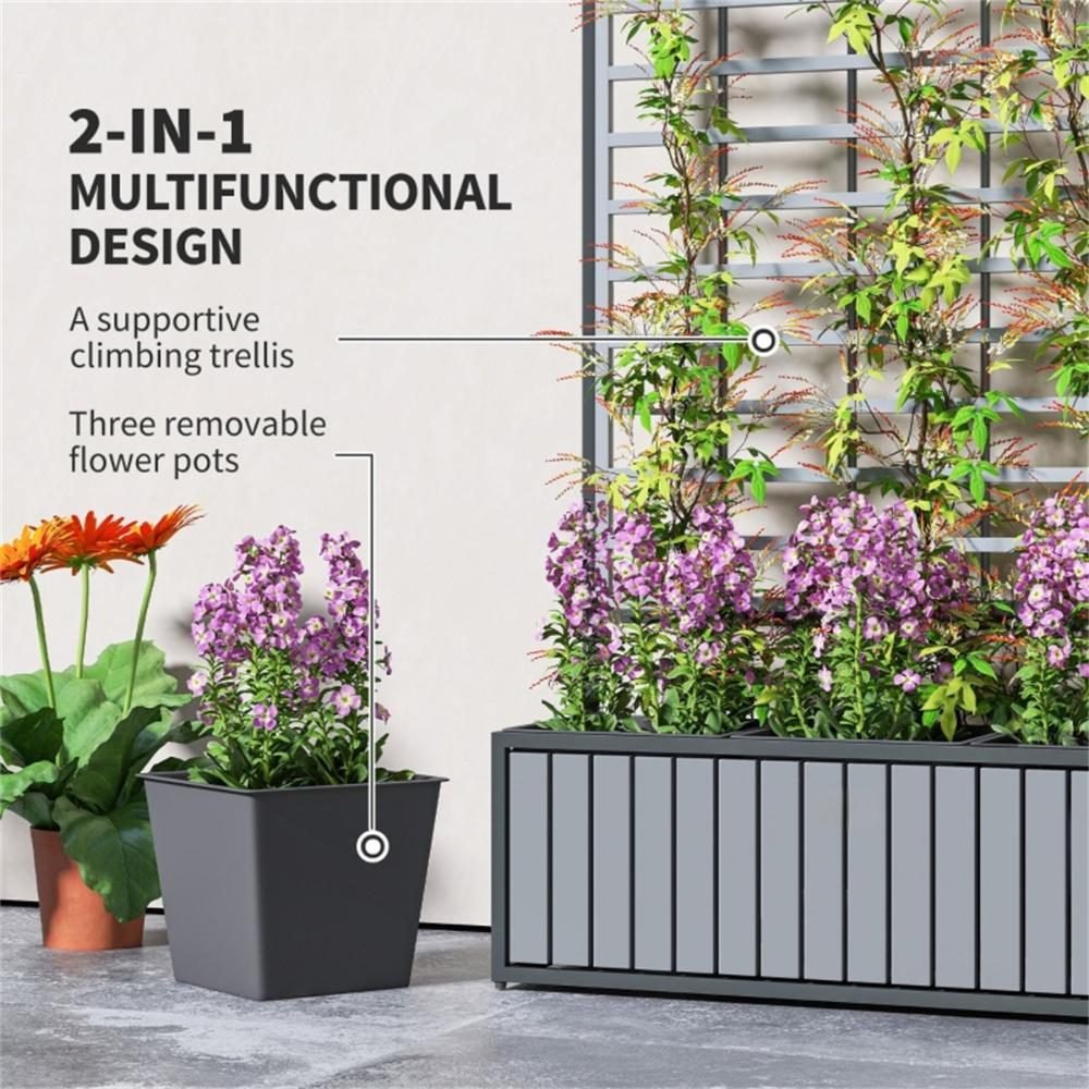 Wooden Raised Garden Bed With Trellis, Removable Pots-Gray thumbnail 4