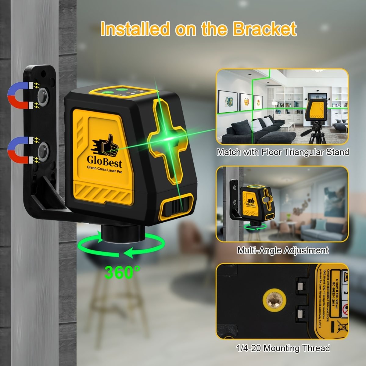 Laser Level, 100Ft Self Leveling Cross Line Lasers, Green Beam Leveler Tool, With Self-leveling, Manual, Pulse Mode, Lazer Level With 360 Degree Magnetic Base And Battery - Yellow thumbnail 4