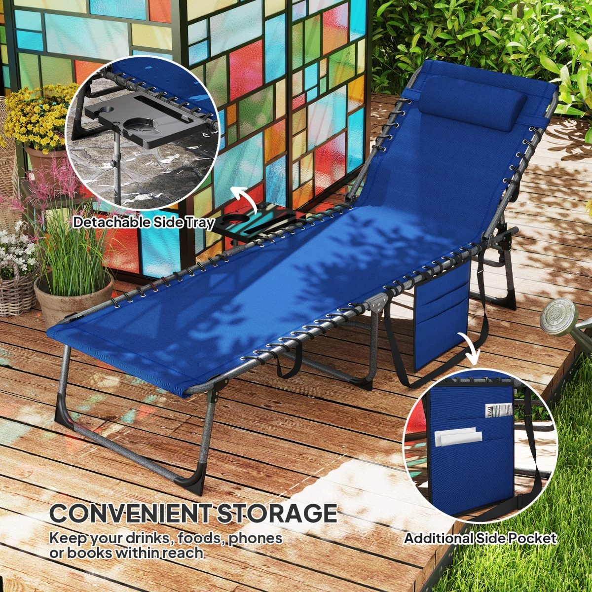 Folding Outdoor Chaise Lounge Chair Tanning Chair With 5-Level Adjustable Back, Side Table, Pillow, Pocket, Dark Blue thumbnail 3