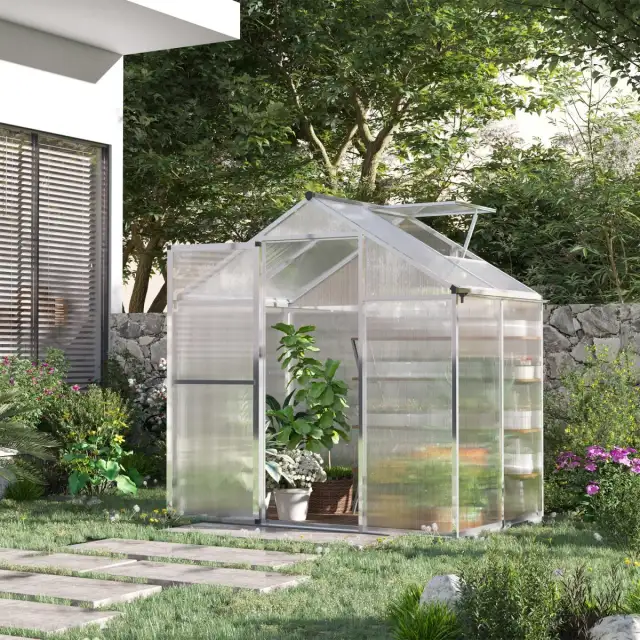 4 L X 6 W Walk-In Polycarbonate Greenhouse With Roof Vent, Outdoor Greenhouse For Winter, Clear
