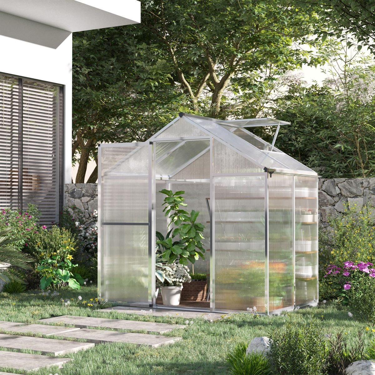 4 L X 6 W Walk-In Polycarbonate Greenhouse With Roof Vent, Outdoor Greenhouse For Winter, Clear thumbnail 1