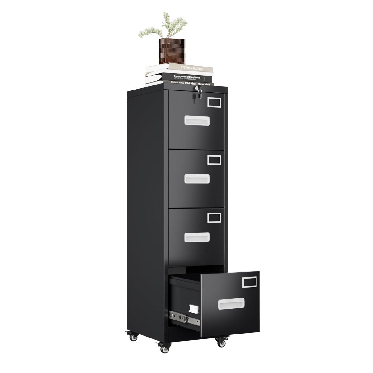 4 Drawer Vertical File Cabinet On Wheels, Lockable Office Files Storage Cabinet With Handle And Name Card,Mobile Storage Cabinet For Office And Home,Assembly Required,Black thumbnail 2