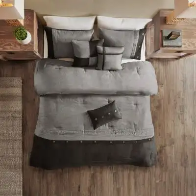 7 Piece Faux Suede Comforter Set - Grey-Queen