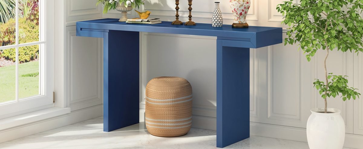 U- Style Large 60- Inch Console Table With Geometric Clean Lines Design Stylish Entryway Table With Painted Finish And Adjustable Feet Suitable For Living Room Entryway Hallway. thumbnail 2