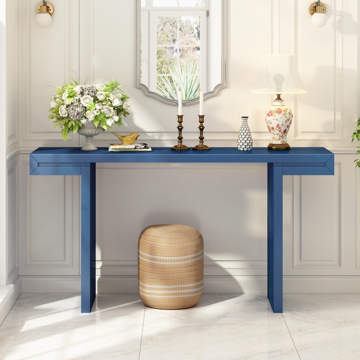 U- Style Large 60- Inch Console Table With Geometric Clean Lines Design Stylish Entryway Table With Painted Finish And Adjustable Feet Suitable For Living Room Entryway Hallway. thumbnail 3