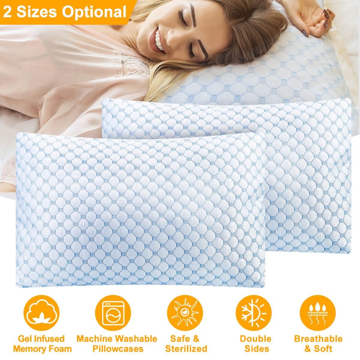 2Pcs Or 1Pc Cooling Memory Foam Pillow Ventilated Soft Bed Pillow With Cooling Gel Infused Memory Foam Machine Washable - King-1Pc
