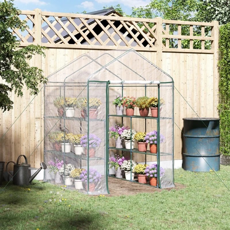 Mini Walk-in Greenhouse Kit, Portable Green House With 3 Tier Shelves, Roll-Up Door, And Weatherized Plastic Cover For Backyard Garden, Clear thumbnail 4