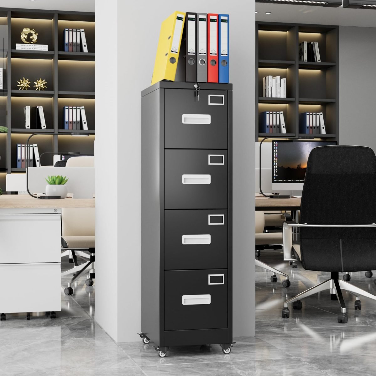 4 Drawer Vertical File Cabinet On Wheels, Lockable Office Files Storage Cabinet With Handle And Name Card,Mobile Storage Cabinet For Office And Home,Assembly Required,Black thumbnail 1