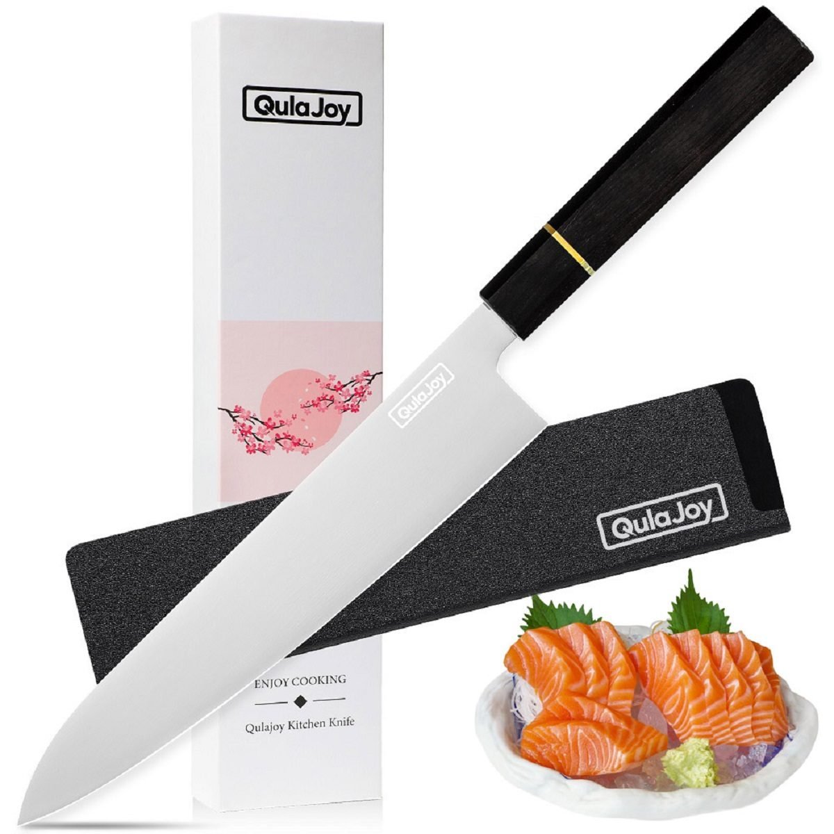 Qulajoy Classic 9 Inch Japanese Gyuto Chef Knife - Handcrafted VG-10 Steel Core Forged Mirror Blade - Octagonal Ebony Wood Handle With Sheath - Kiritsuke